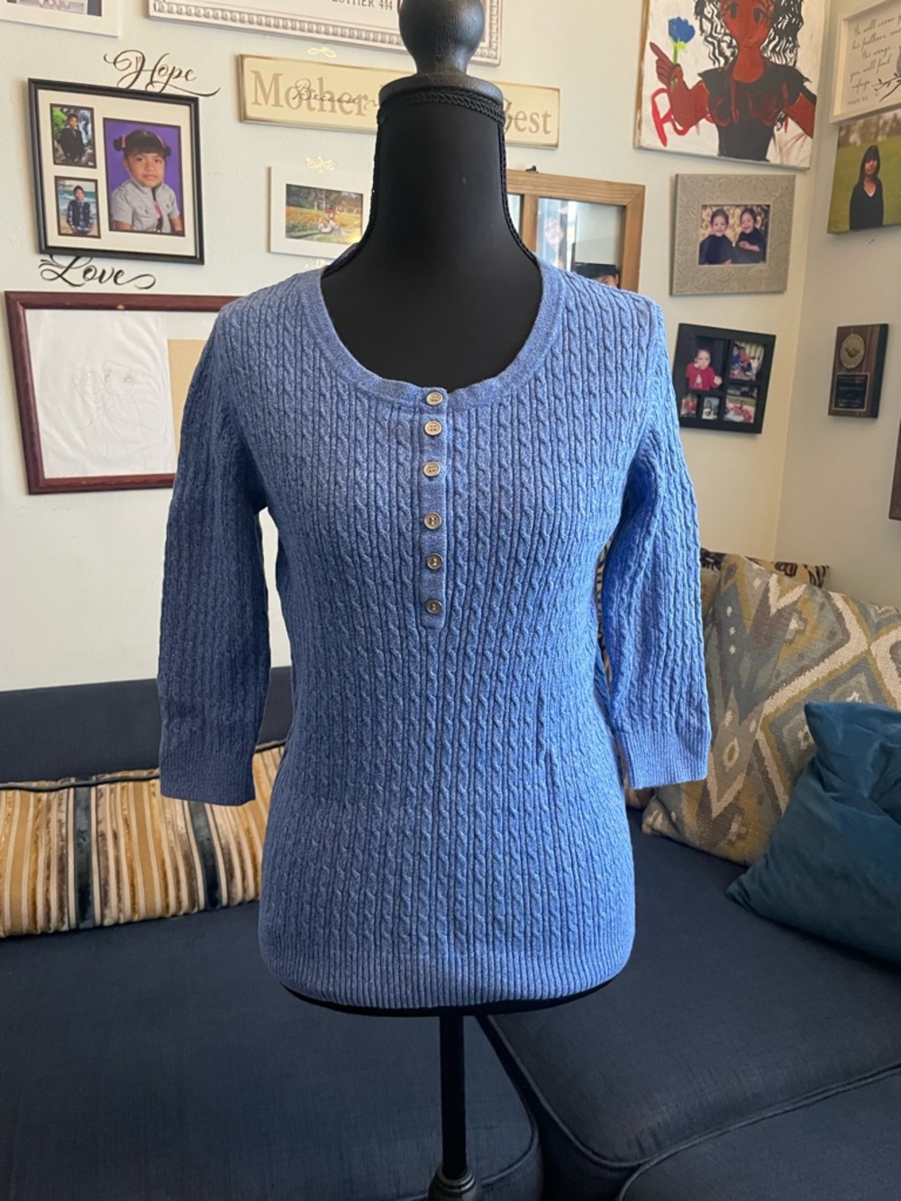 Karen Scott Light Blue Cable-Knit Henley Scoop Sweater